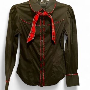 New Voodoo Vixen Carole Tartan Trim  Button Down Blouse Top womens size Small 4